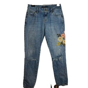 Zara Basic Denim Floral Embroidered Jeans Women’s Size 00 Distress Wash Z1975